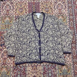 VTG 80s 90s Jantzen Classics Floral Paisley Knit Cardigan Sweater Purple XL‎